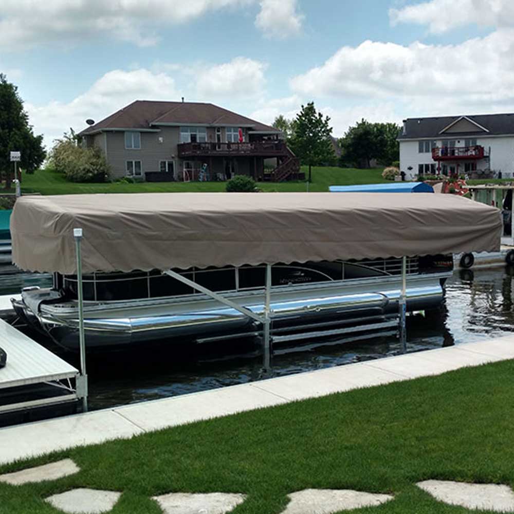 Boat lift replacement canopy shown covering a pontoon