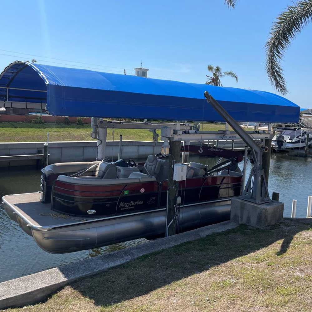 Boat lift replacement canopy shown with a pontoon