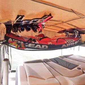 Boat lift mesh cargo shelves installed