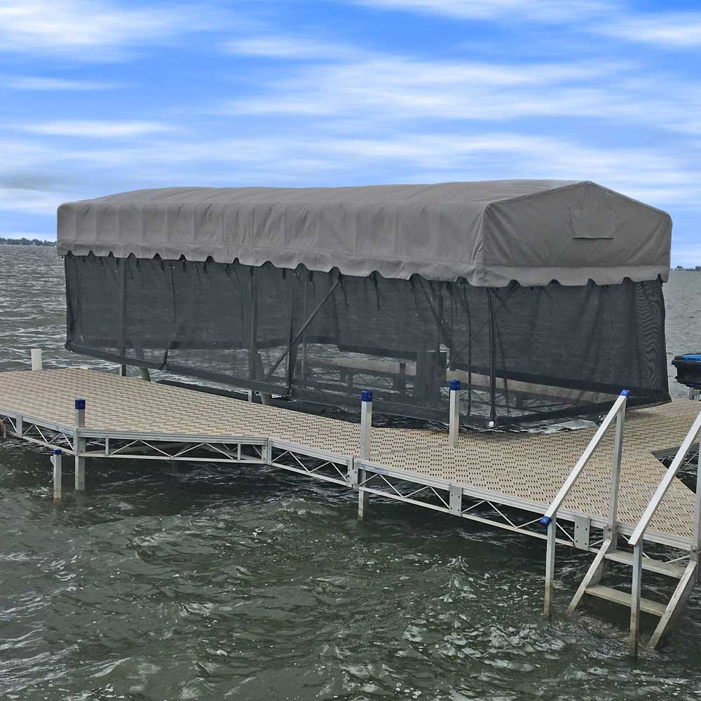 Picture of marine curtain and cover on a lift