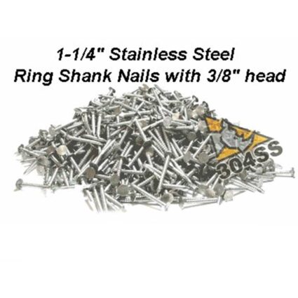 specs on inch and one fourth SS Ring Shank nails three eights inch head 304 SS
