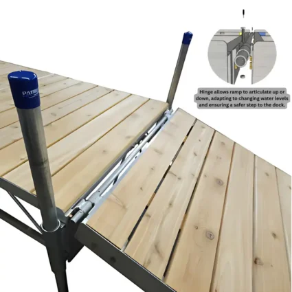 ramp-hinge-on-dock truss frame dock to ramp cedar decking