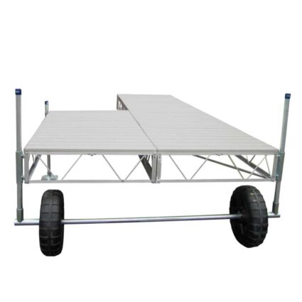 roll-patio-pipe-alum-gray Patio Roll-in Pipe Dock with gray aluminum decking