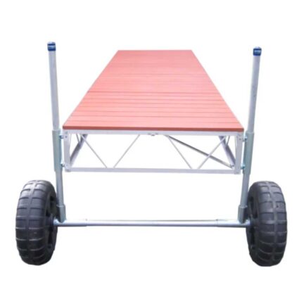roll-straight-pipe-alum-brown Straight Roll-in Pipe Dock with brown aluminum decking