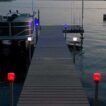 red, white and blue solar post lights