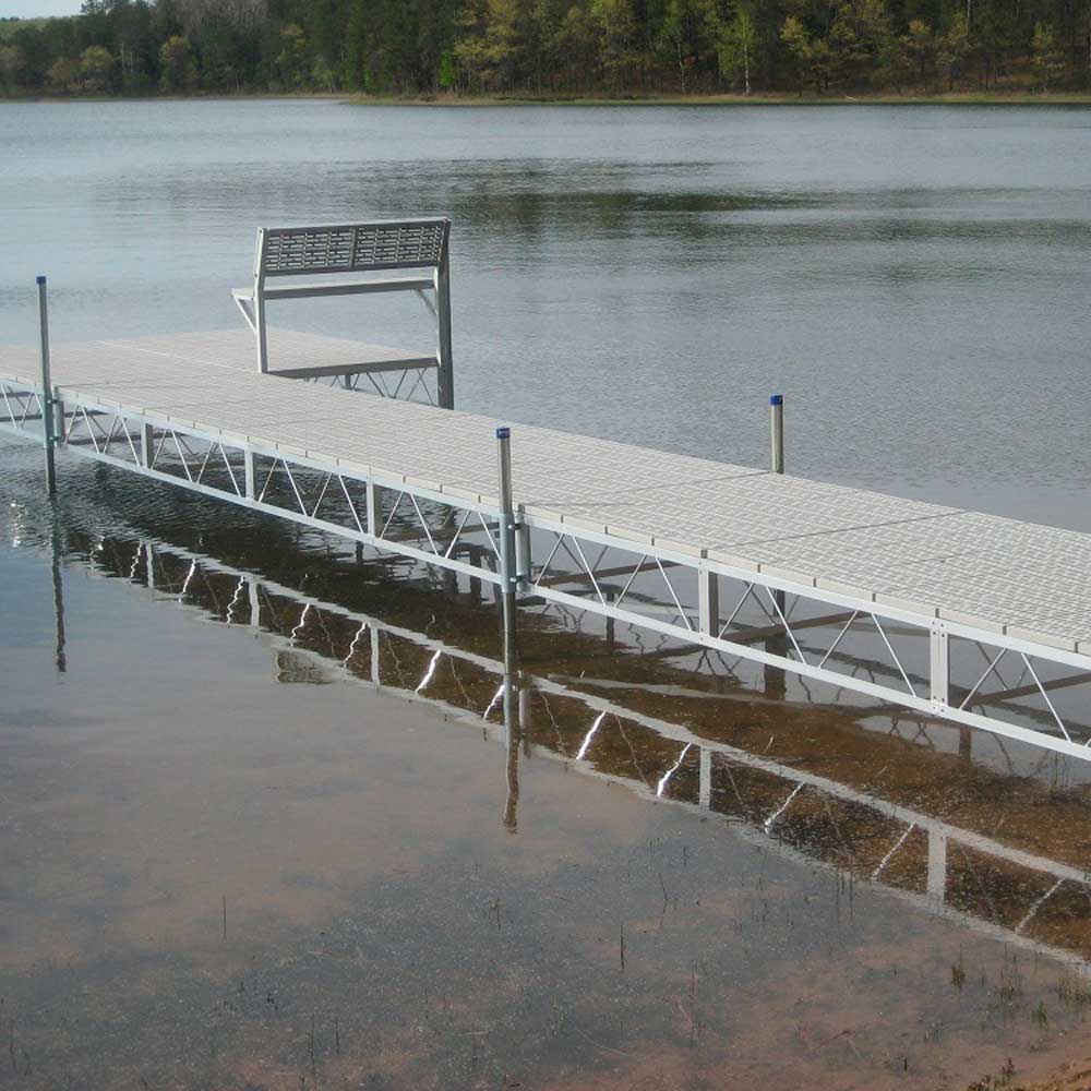 Aluminum Truss Frame Dock with gray poly decking and bench