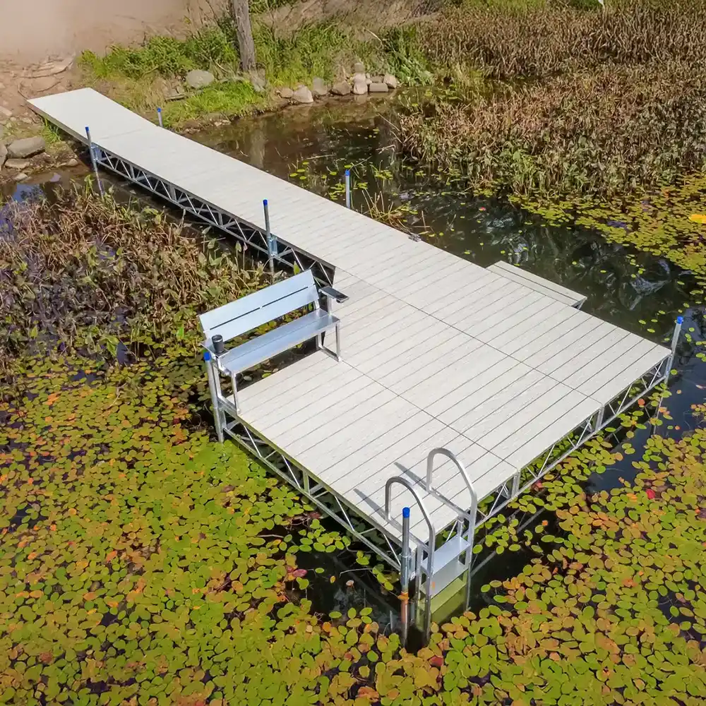truss frame dock on lake with bench and ladder
