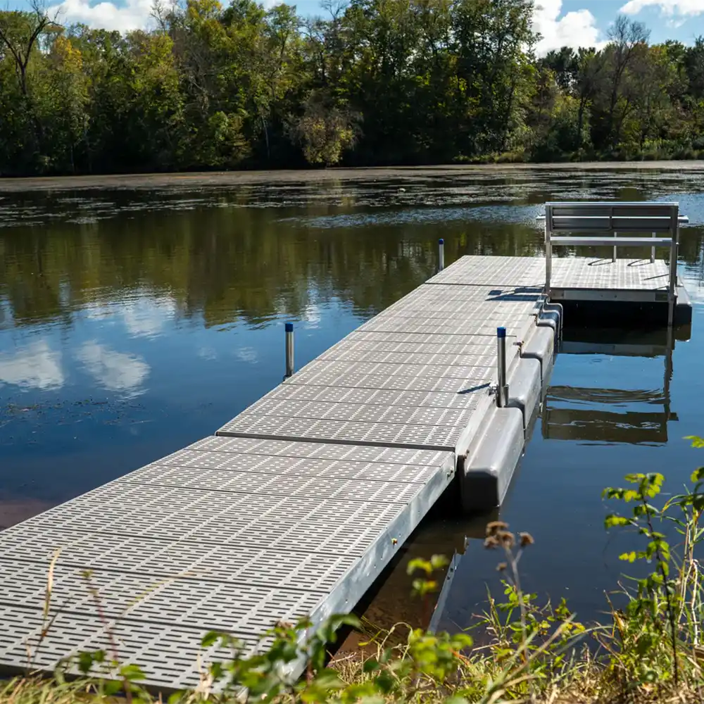 Low Profile Floating Dock gray poly decking patio with bench and side floats