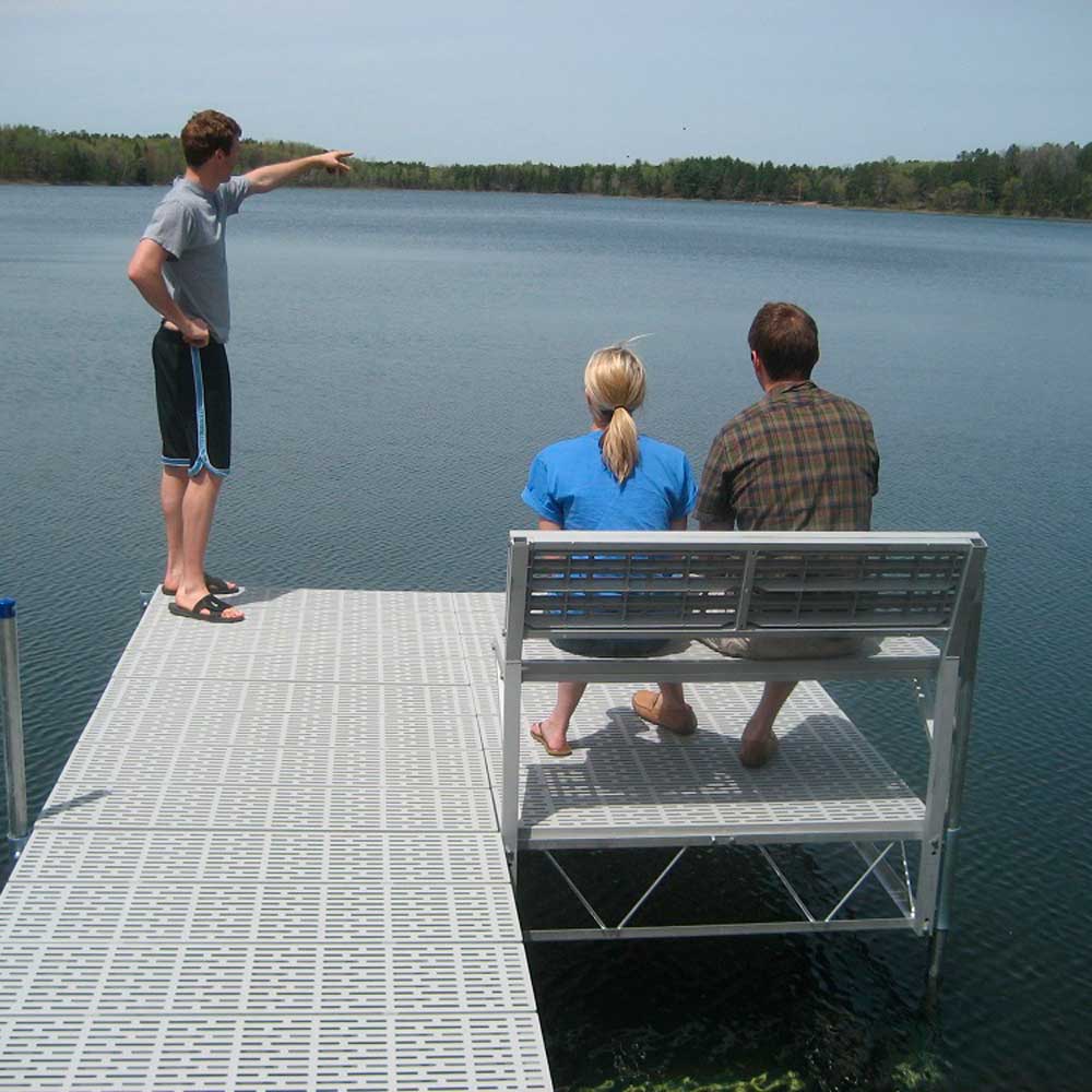truss frame dock with gray poly decking and bench on lake